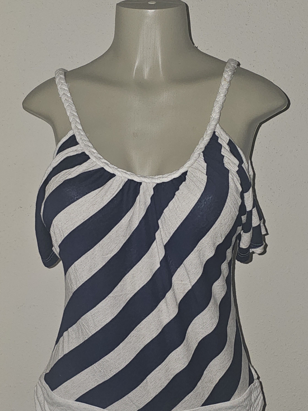 Annabelle Navy and White Striped Braided-Strap Tank Top